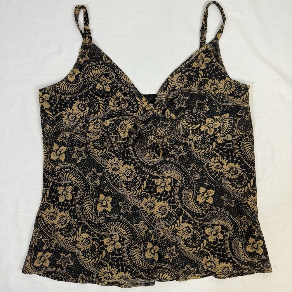 Apt 9 Women's Sleeveless Tank Top Black Gold Floral Tie Front V Neck Sz XL